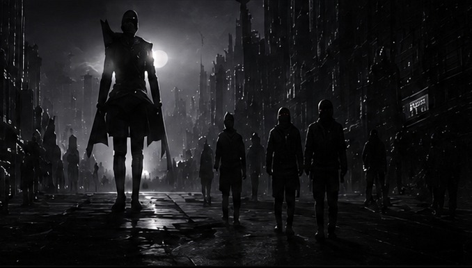 Monochrome futuristic city scene from the Neotora brand vision