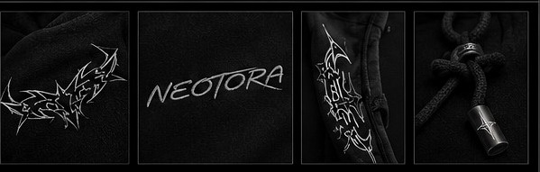 Close-ups of Neotora embroidery, script logo and metal drawstring hardware