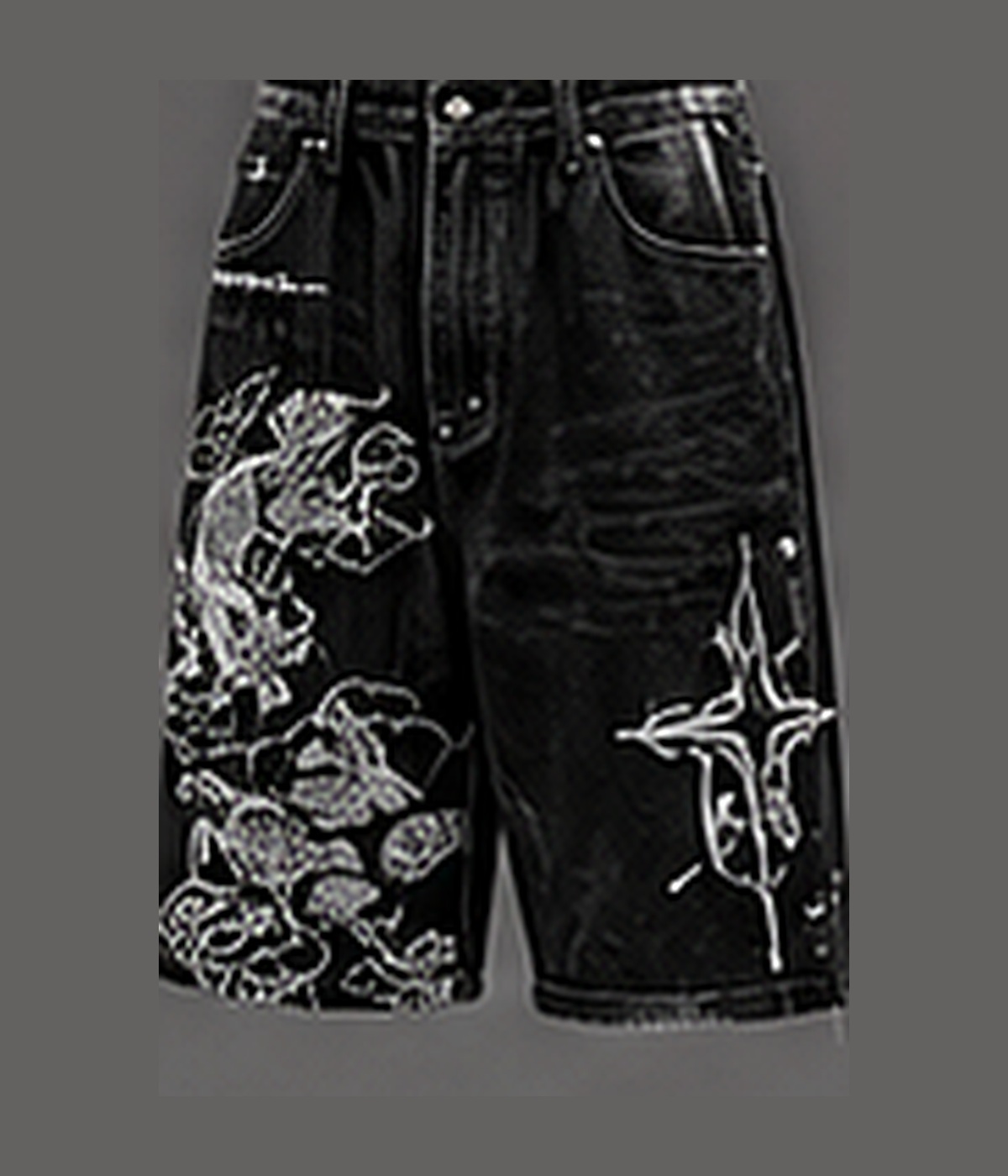 Neotora Relic Panel Jorts with asymmetric illustrated graphics